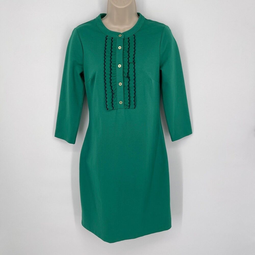 Boden NEW Florence Ponte Shift Dress Forest Green Ruffles Buttons Size 4 R